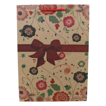 Large Brown paper floral and bow print gift bags with cord handles.

