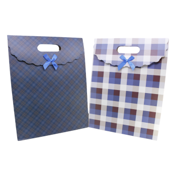 large checked print gift bags with a satin bow and velcro fastening.
