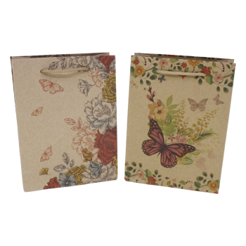 Medium Brown paper gift bags with a butterfly design and cord handles.
