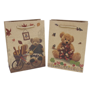 Medium Brown paper gift bags with a teddy bear design and cord handles.
