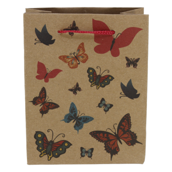 Small Brown paper butterfly print gift bags with cord handles.
