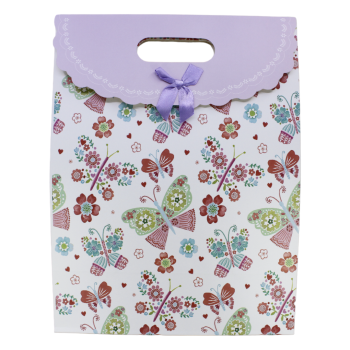 large butterfly and floral print gift bags with a satin bow and velcro fastening.
