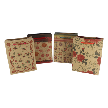 Small Brown paper floral print gift bags with cord handles.
