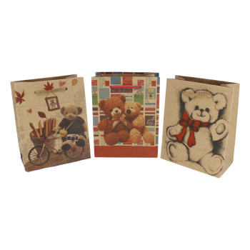 Small Brown paper teddy print gift bags with cord handles.
