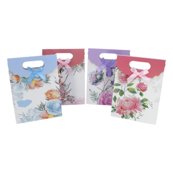 Small floral design gift bags with a satin bow and velcro fastening.
