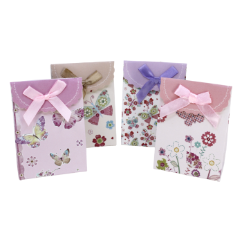 Mini floral and Butterfly design gift bags with a satin bow and velcro fastening.
