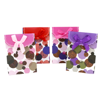 Mini circles design gift bags with a satin bow and velcro fastening.
