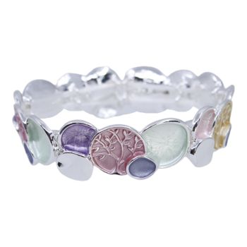 Rhodium colour plated, tree of life design elasticated ladies bracelet with coloured enamelling.
