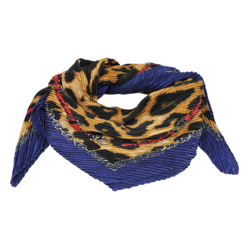 Satin feel animal, chain and strap print pleated square scarves.
