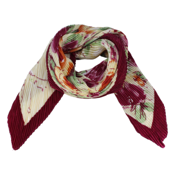 Satin feel floral print pleated square scarves.
