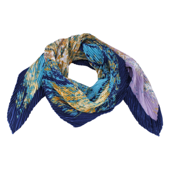 Satin feel abstract print pleated square scarves.

