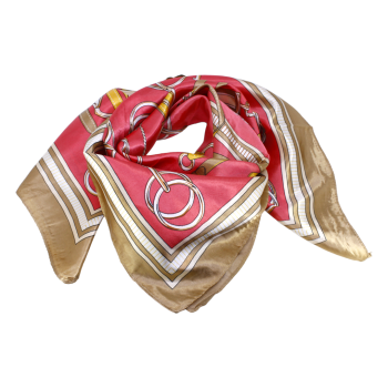 Satin feel strap, chain and tassel print square scarves.
