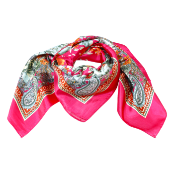 Satin feel paisley and floral print square scarves.
