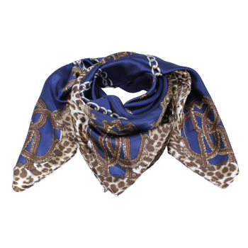 Satin feel animal and chain print square scarves.
