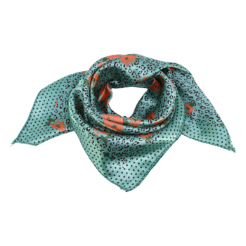 Satin feel floral and animal print square neck scarves.
