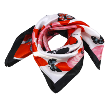 Satin feel floral and butterfly print square neck scarves.
