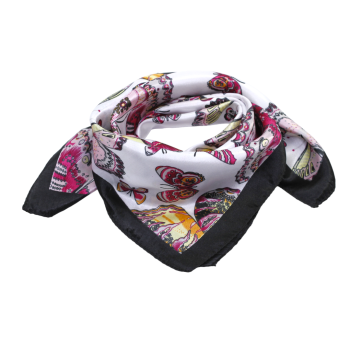 Satin feel butterfly print square neck scarves.
