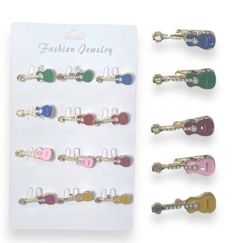Assorted Enamel Guitar brooches .

Available in  Green ,Turquoise ,Red , Baby Pink and Yellow.

Sold as a pack of 12 assorted on a display card for easy sale .