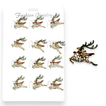 gold colour plated Reindeer brooch with genuine crystal stones and enamel detail.

sold as a pack of 12 on a display card for easy sale .