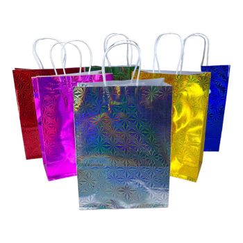 Holographic effect  gusseted paper gift bag with abstract design available in fuchsia , silver ,gold ,royal  emerald  and red with string handle 