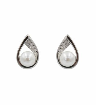 Rhodium plated sterling Silver stud earring with Clear cubic zirconia stones and freshwater pearls.
