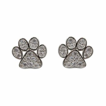 Rhodium plated sterling Silver paw design stud earrings with Clear cubic zirconia stones.
