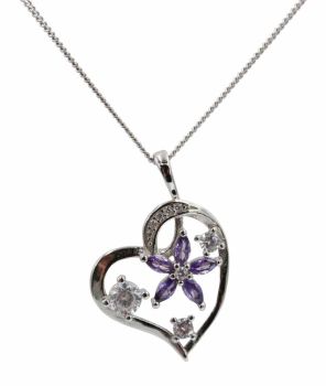 Rhodium plated sterling Silver Heart and Flower pendant with Clear and Amethyst cubic zirconia stones.