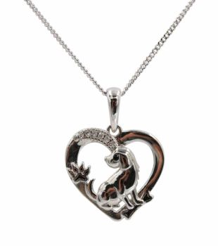 Rhodium plated sterling Silver Heart and Dog pendant with Clear cubic zirconia stones and Black enamelling.
