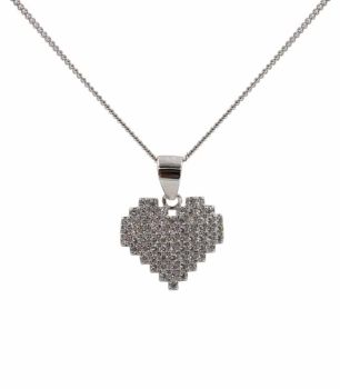Rhodium plated sterling Silver heart pendant with Clear cubic zirconia stones.

