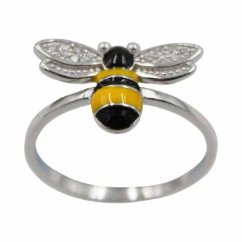 Rhodium colour plated bee design ring with Clear cubic zirconia stones, Yellow and Black enamelling.