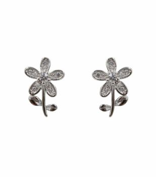 Rhodium plated sterling Silver flower design stud earrings with Clear cubic zirconia stones.
