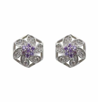 Rhodium plated sterling Silver flower design stud earrings with Clear and Amethyst cubic zirconia stones.
