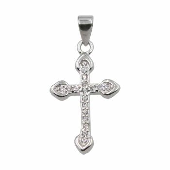 Rhodium plated sterling Silver cross pendant with Clear cubic zirconia stones.
