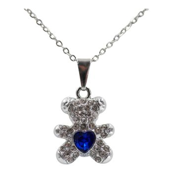 Rhodium colour plated teddy design pendant  with genuine crystal stones.

