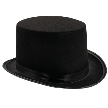 Black medium top hat decorated with Black satin and a leatherette trim.
