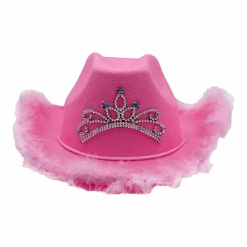 Cowboy hat with a tiara and feather trim.
one size.
