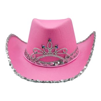 Cowboy hat with a Silver colour sequin trim and tiara.
one size.
