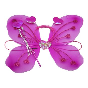 Girls butterfly wings, bopper and wand set with iridescent hearts and glitter detail.
