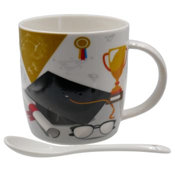 Graduation print design cup and spoon gift set.
