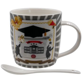 Graduation print design cup and spoon gift set.
