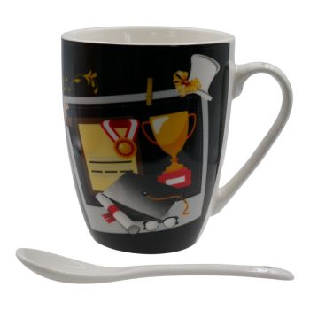 Graduation print design cup and spoon gift set.
