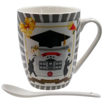 Graduation print design cup and spoon gift set.
