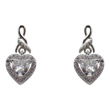 Rhodium plated sterling Silver heart design drop earrings with Clear cubic zirconia stones.
