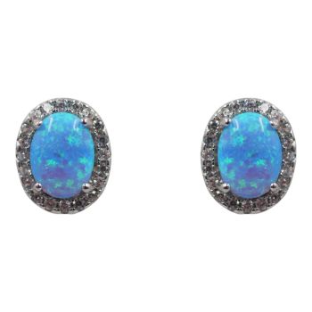 Rhodium plated sterling Silver oval stud earrings with Clear cubic zirconia stones and synthetic Blue opal stones.
Measuring approx 1.1cm x 0.9cm.