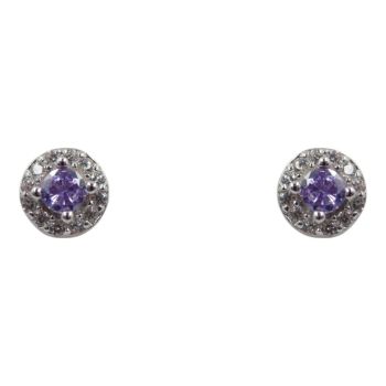 Rhodium plated sterling Silver stud earrings with Clear and Amethyst cubic zirconia stones.
