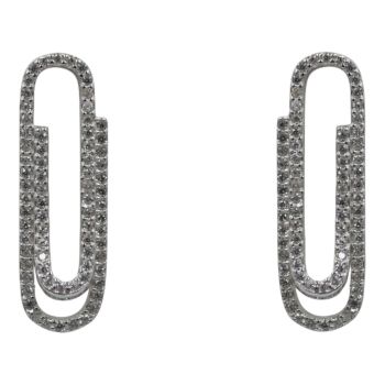 Rhodium plated sterling Silver paper clip design stud earrings with Clear cubic zirconia stones.
