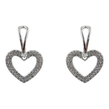 Rhodium plated sterling Silver heart design drop earrings with Clear cubic zirconia stones.
