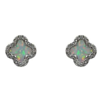 Rhodium plated sterling Silver flower design stud earrings with Clear cubic zirconia stones and synthetic White Opal.
