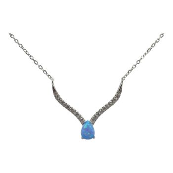 Rhodium plated sterling Silver necklace with Clear cubic zirconia stones and a synthetic Blue opal stone.
