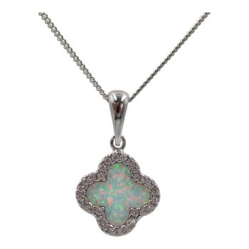 Rhodium plated sterling Silver flower design pendant with Clear cubic zirconia stones and synthetic White Opal.
